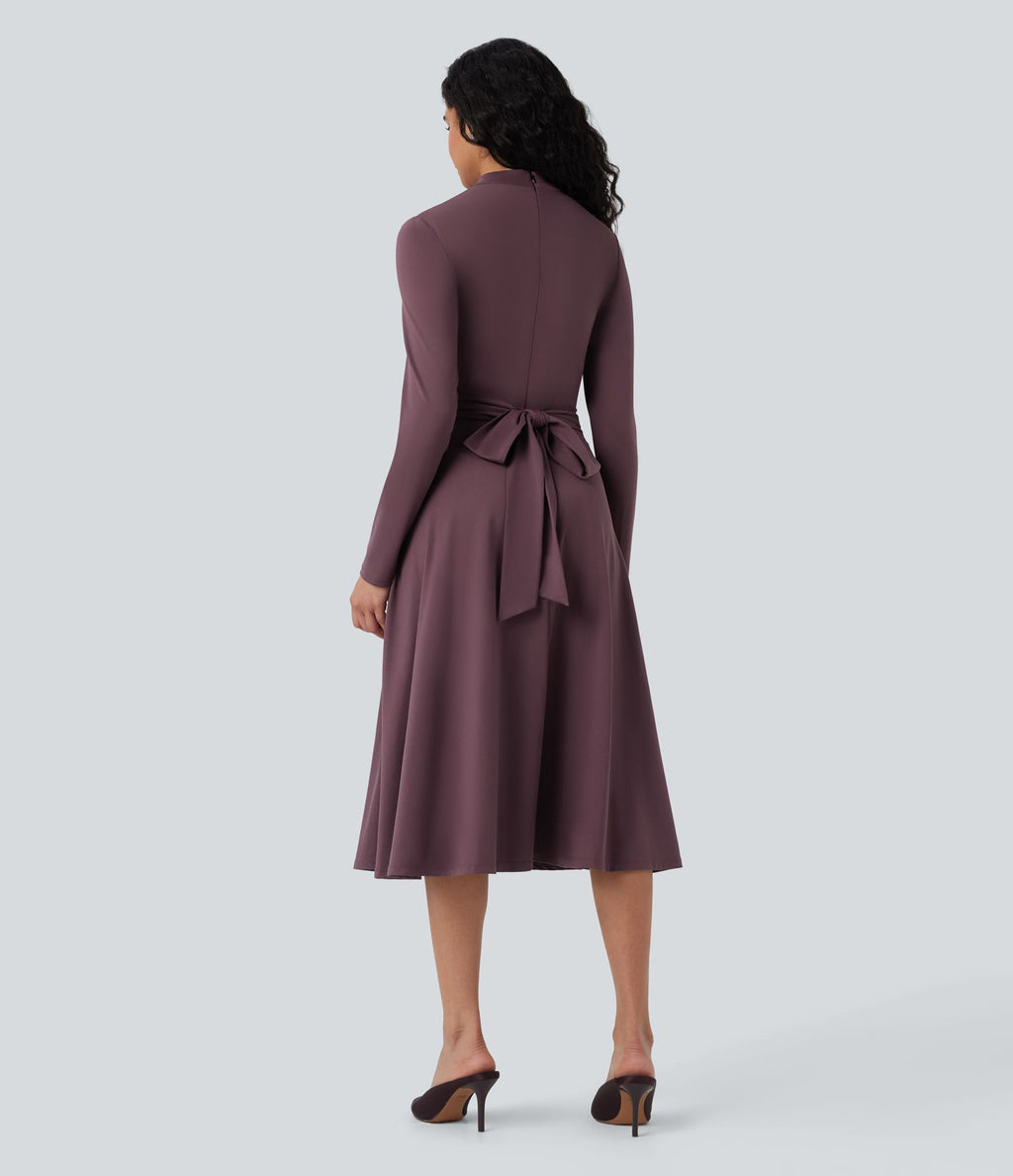 Robe de travail midi manches longues à découpes et dos noué avec poches