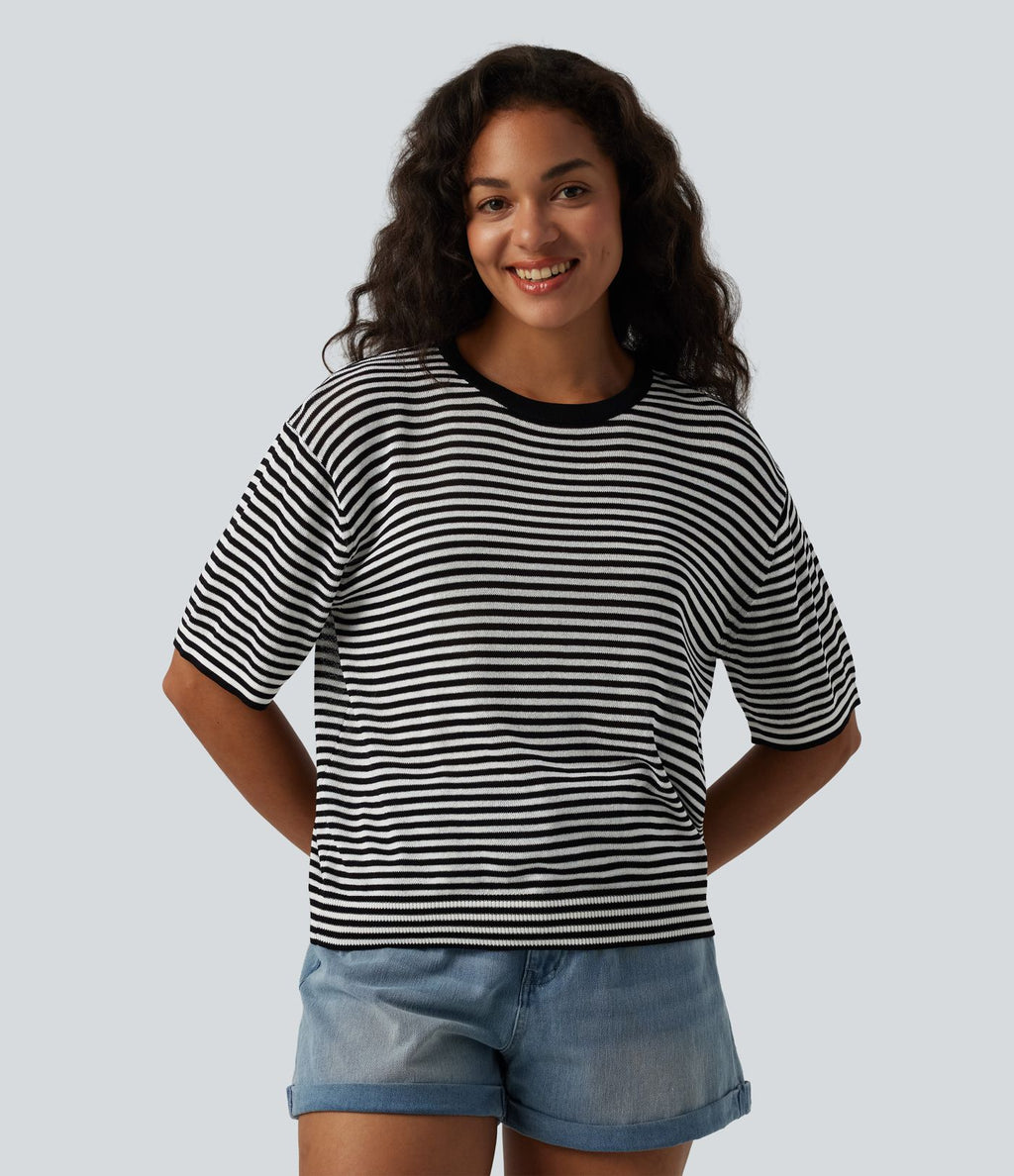 Pull décontracté rayé col rond manches courtes aspect lin