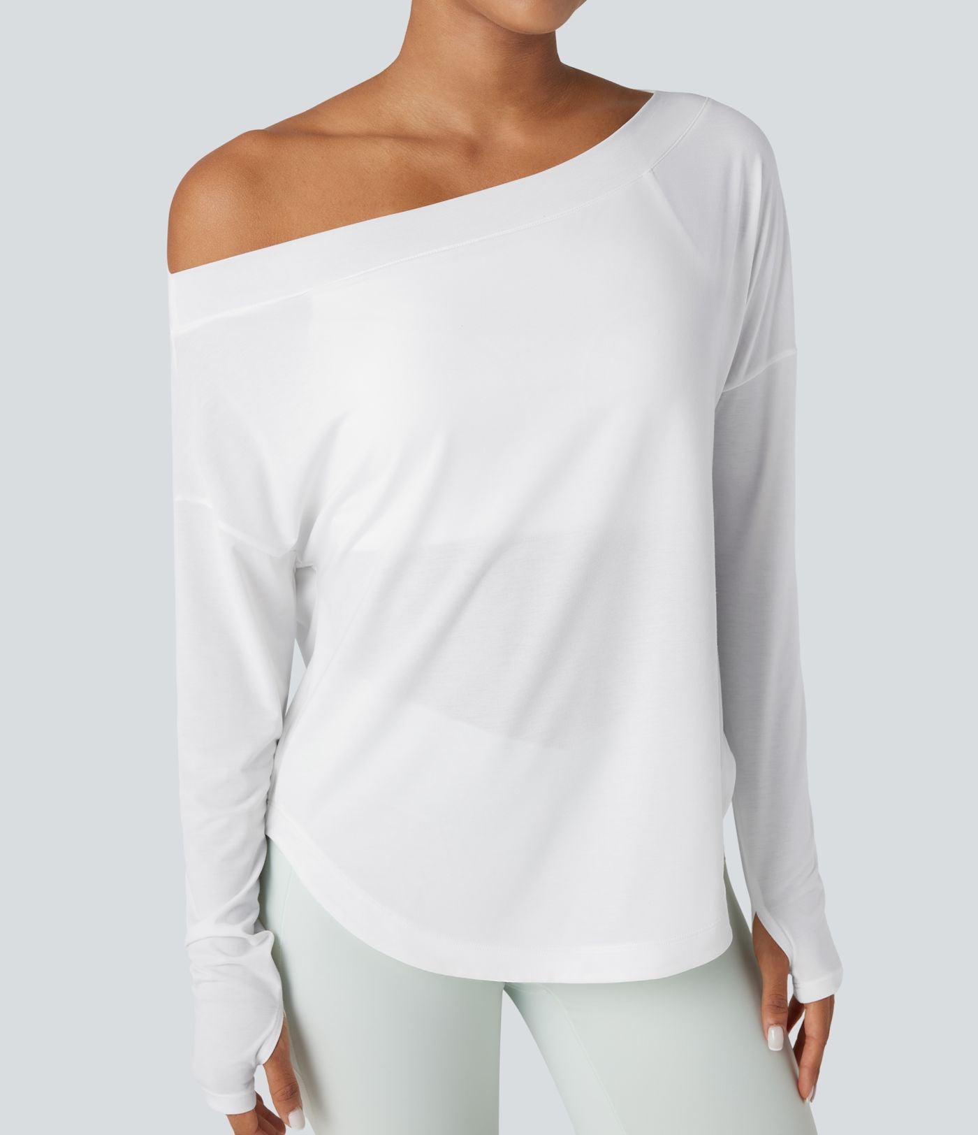 Top de sport yoga une épaule séchage rapide ourlet arrondi asymétrique manches longues avec trous pouces - Brassière intégrée