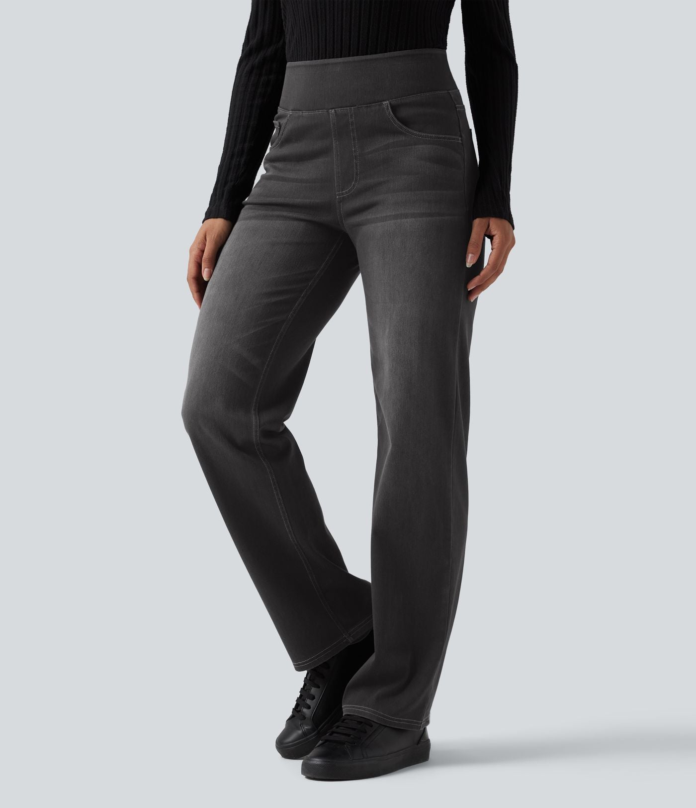 Jean décontracté Halara Flex™ taille haute, extensible, délavé, jambes droites avec poches multiples