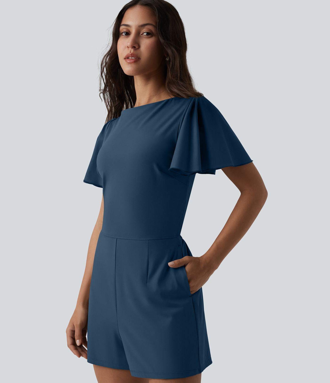 Combishort décontracté SoftlyZero™ Airy à volants manches courtes avec nœud au dos et effet frais InstantCool avec poches, accès facile Easy Peasy