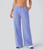 Pantalon de yoga déperlant résistant à l'usure taille basse avec cordon ajustable, poches latérales et jambes droites