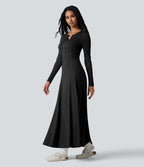 Robe longue évasée col Henley manches longues