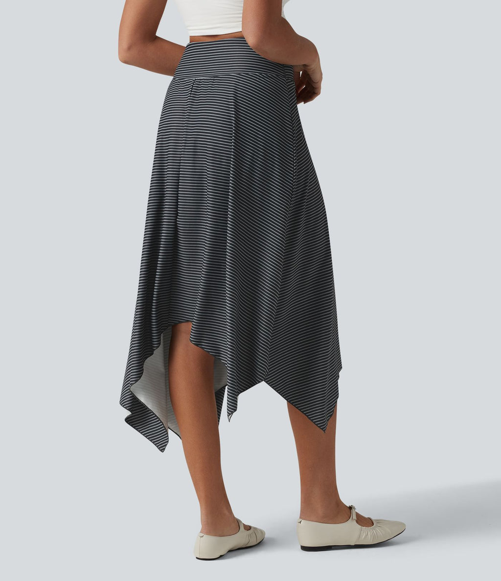 Jupe midi fluide casual taille haute à rayures et ourlet asymétrique mouchoir