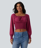 Blouse casual froncée à col carré et manches bouffantes