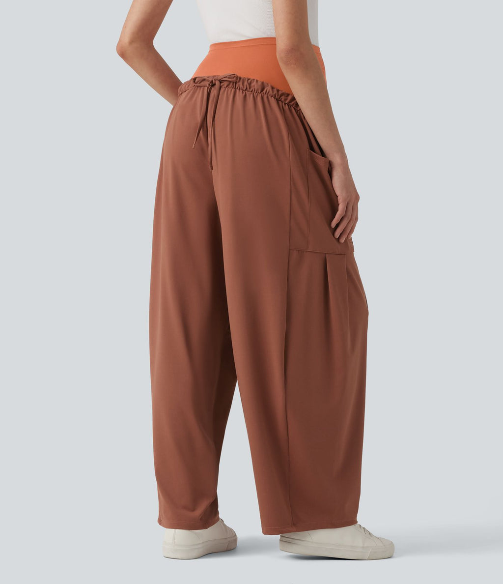 Pantalon de grossesse casual ample taille super haute avec cordon de serrage et poches