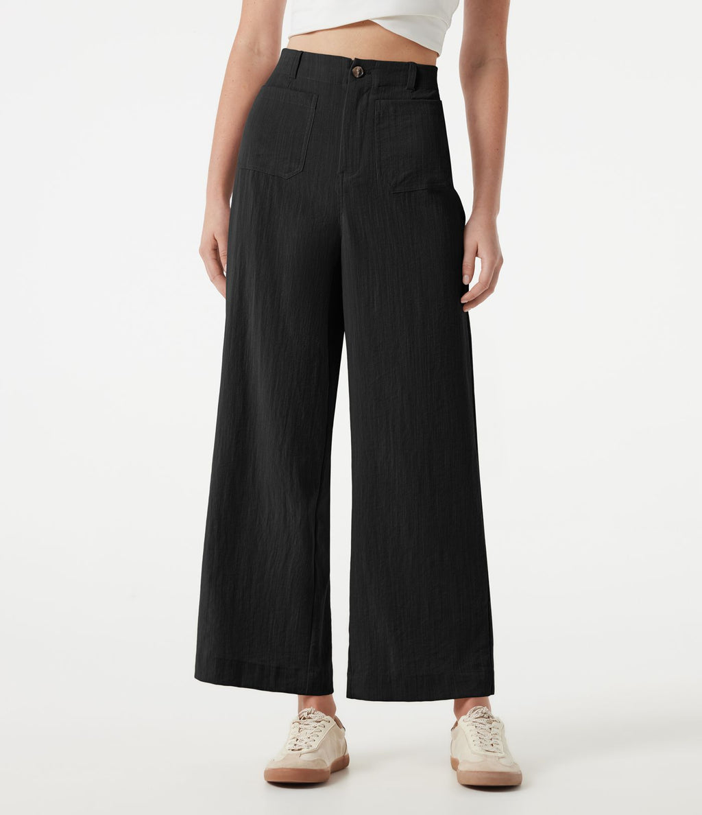 Pantalon large casual taille haute toucher lin avec poches