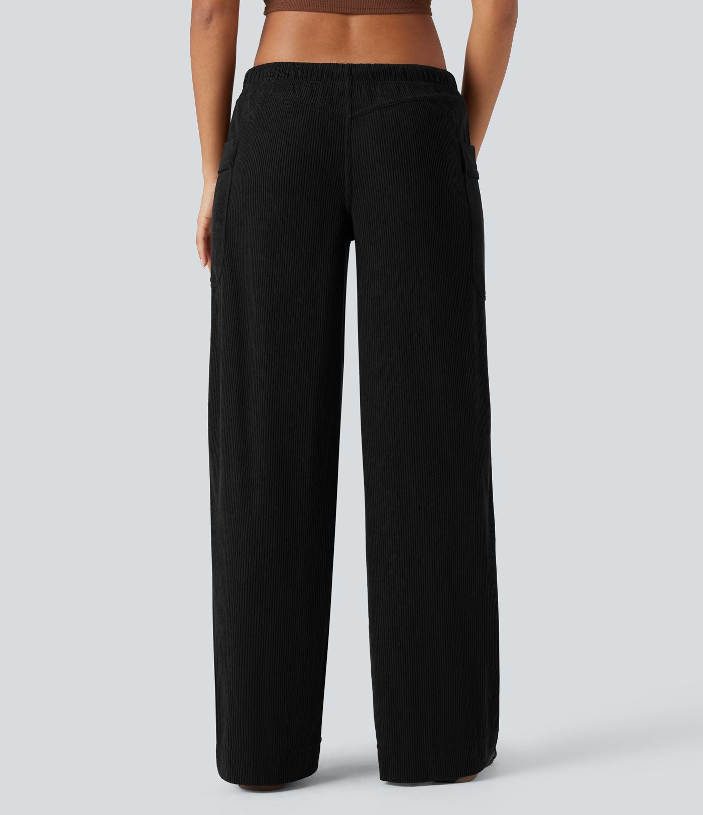Pantalon décontracté large en velours côtelé, taille mi-haute, avec cordon et poches