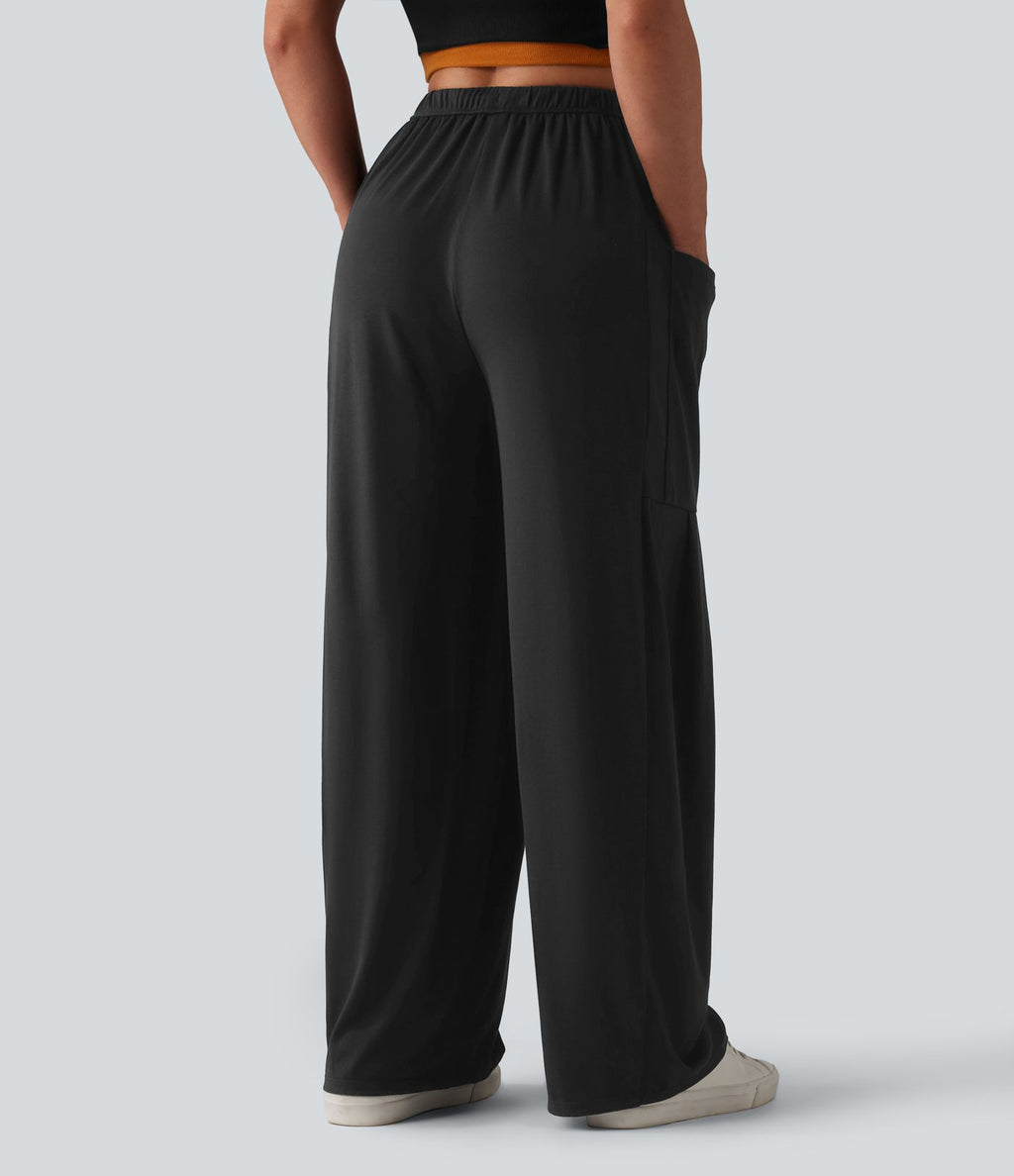 Pantalon large décontracté chiné taille mi-haute avec cordon de serrage avec poches