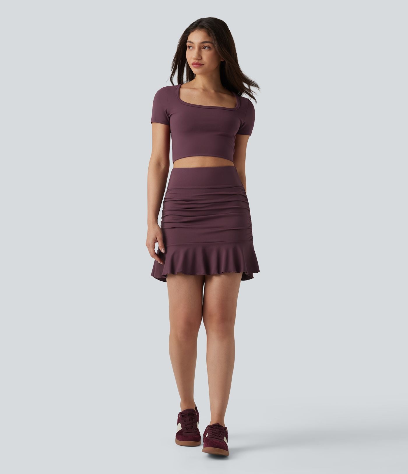 Jupe-short mini moulante décontractée ventre plat 2-en-1 froncée ourlet à volants taille haute