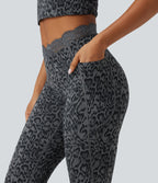 Legging yoga Halara UltraSculpt™ flare taille haute avec ceinture en V imprimé léopard, dentelle contrastée et poches