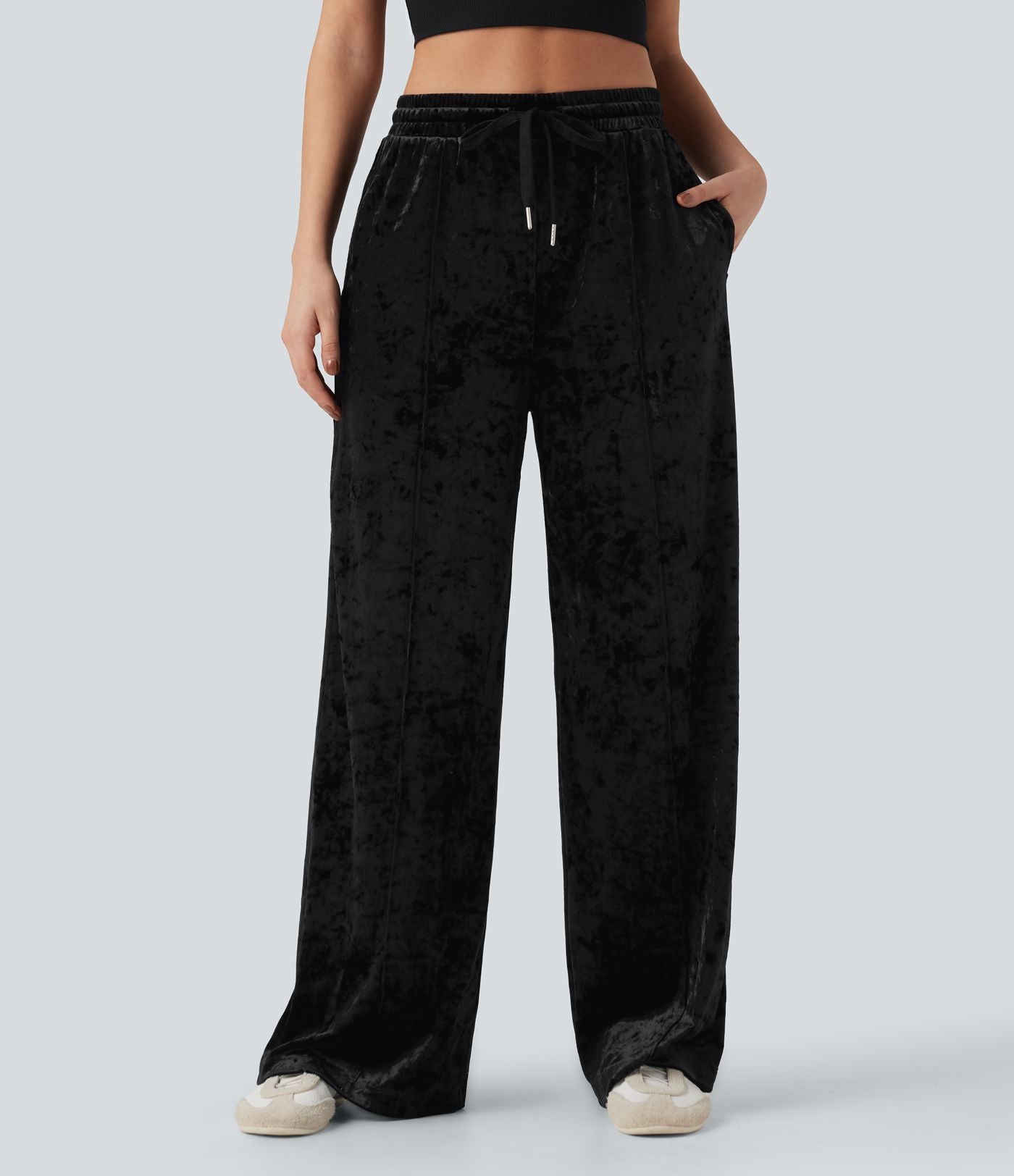 Pantalon décontracté velours jambe large taille mi-haute avec cordon de serrage et poches