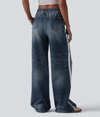 Jean de survêtement décontracté à rayures en tissu éponge français imprimé denim taille mi-haute avec poches
