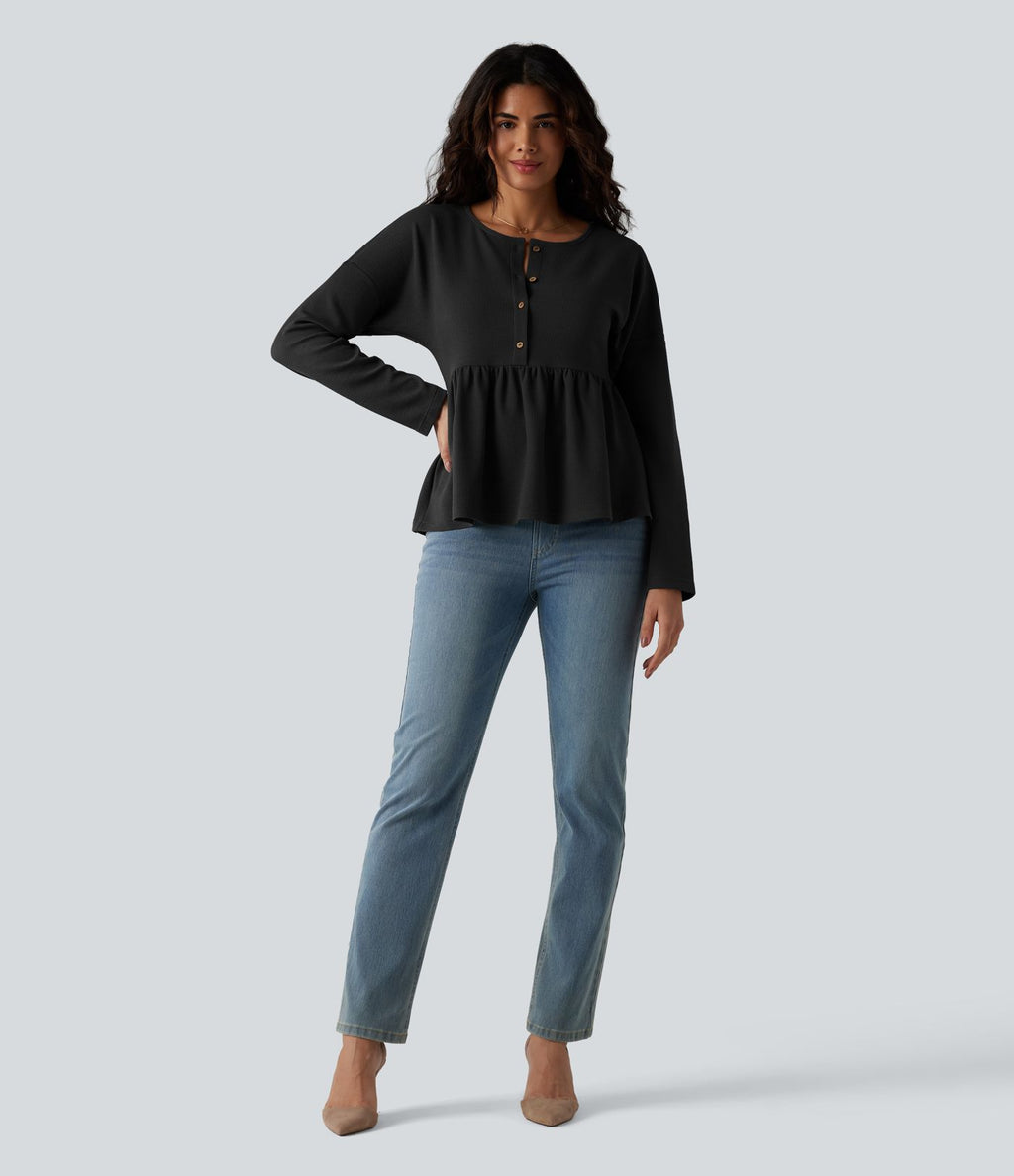 Haut casual babydoll Henley manches longues en tissu gaufré