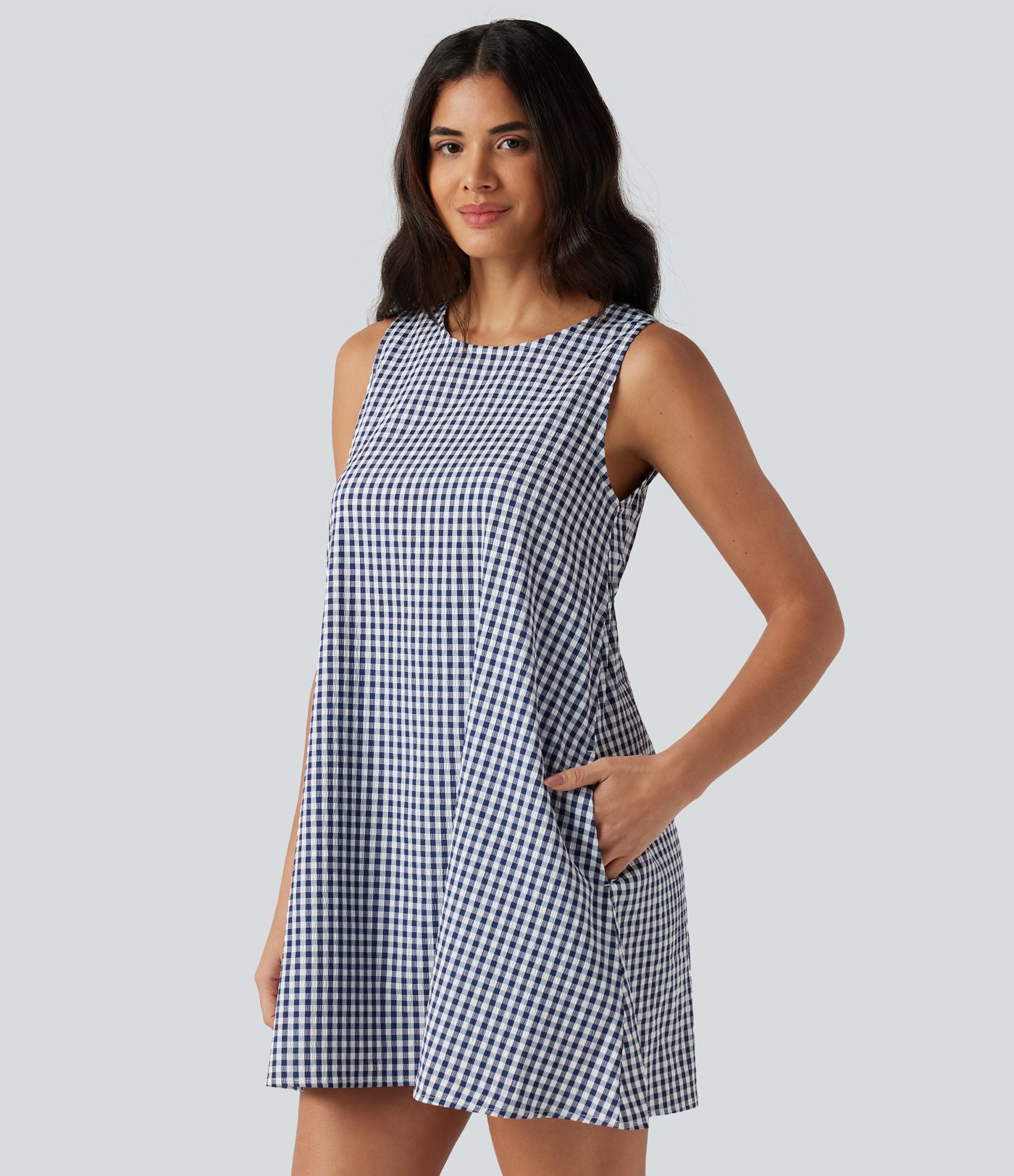 Robe débardeur mini décontractée col rond sans manches en vichy froissé avec poches