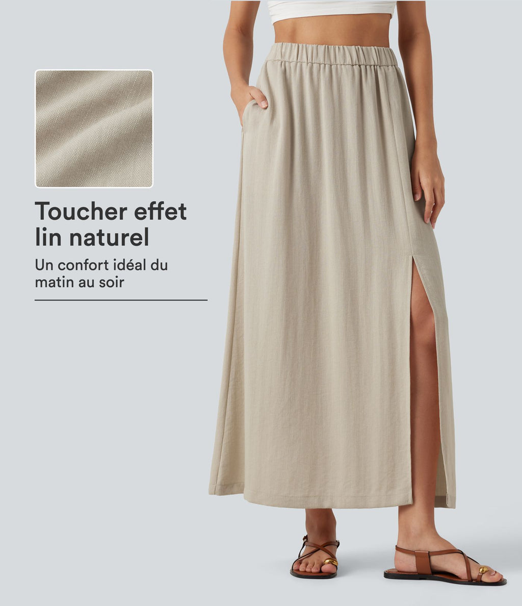 Jupe maxi effet lin taille haute avec fente à l’ourlet et poches