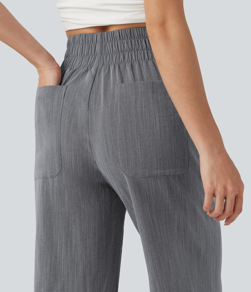 Pantalon flare taille haute effet lin avec poches
