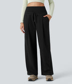 Pantalon jogging large thermique fluide chiné à rabat taille haute séchage rapide avec cordon de serrage et poches