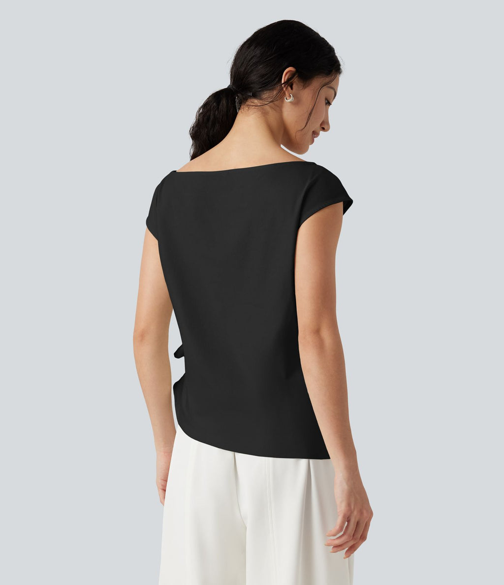 Blouse casual col bateau en mélange de lin à [manches cap] nouée sur le côté