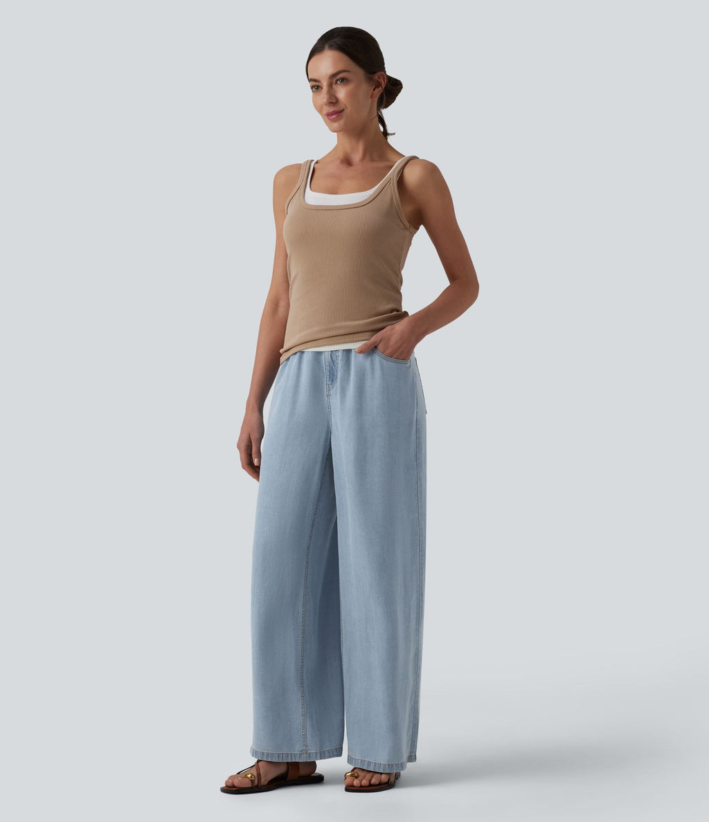 Jean large décontracté taille mi-haute en lyocell drapé avec poches