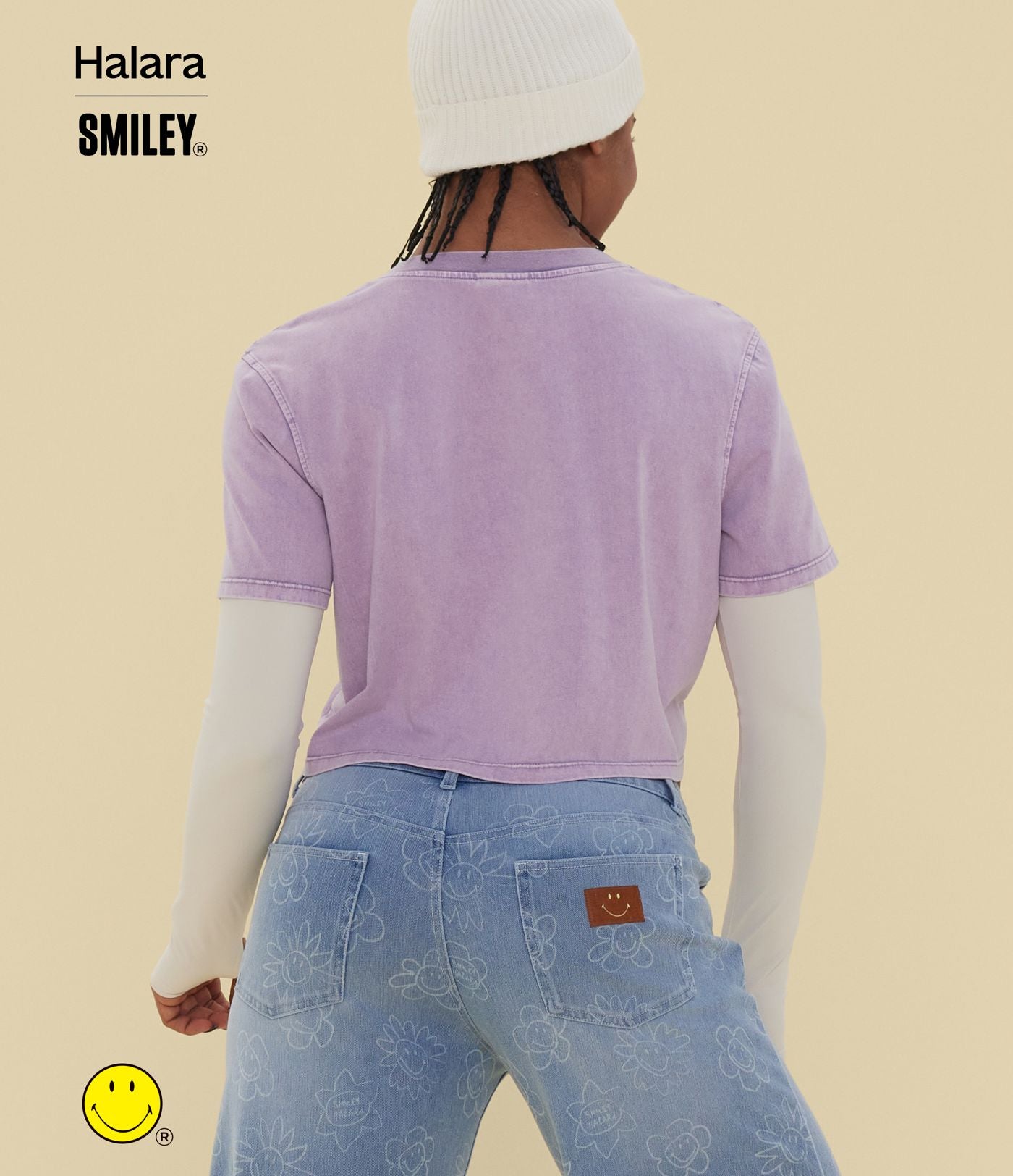 T-shirt casual en coton délavé Halara X Smiley® col rond à manches courtes