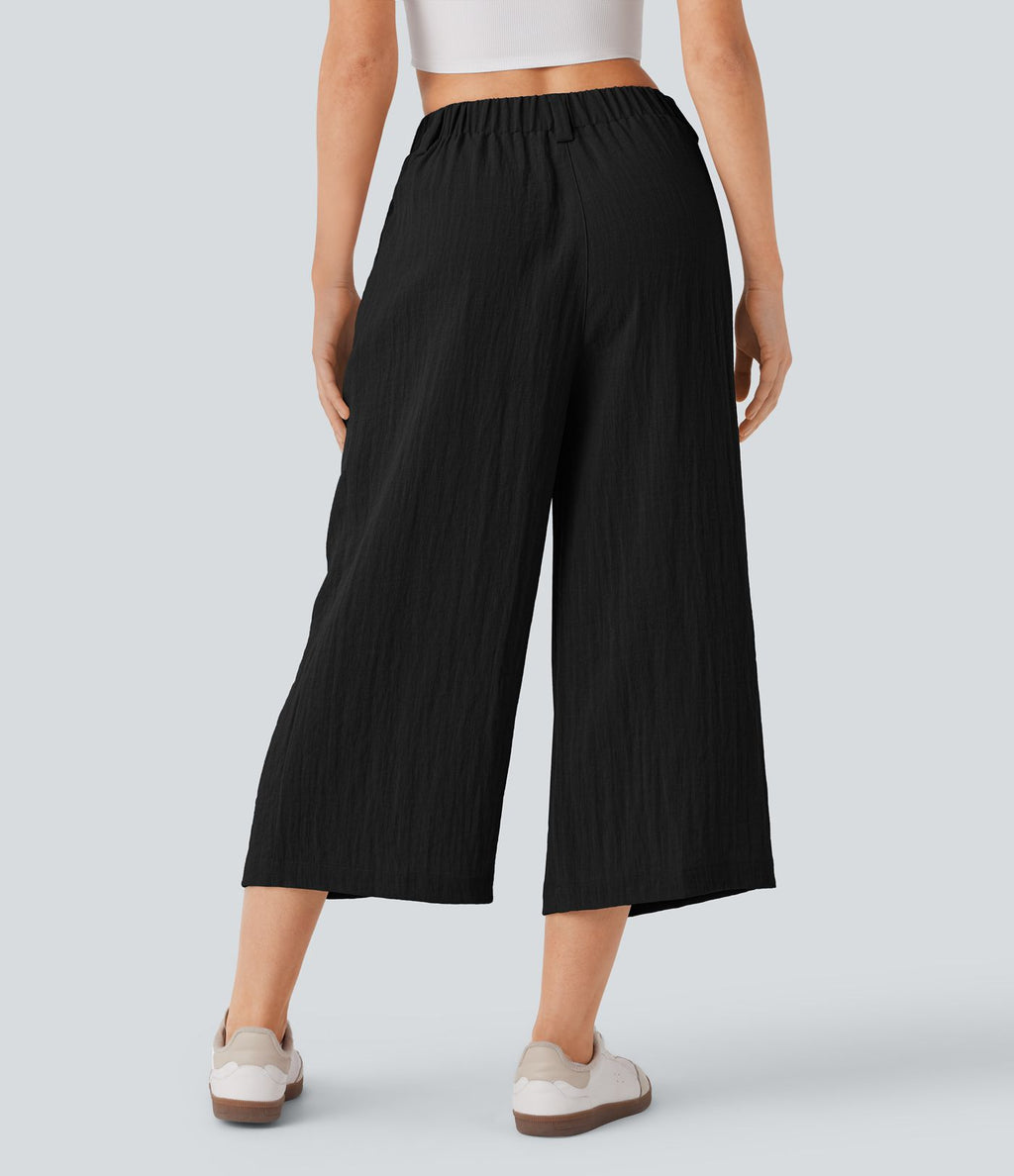 Pantalon décontracté palazzo capri uni effet lin, taille haute, large, avec poches