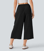Pantalon décontracté palazzo capri uni effet lin, taille haute, large, avec poches