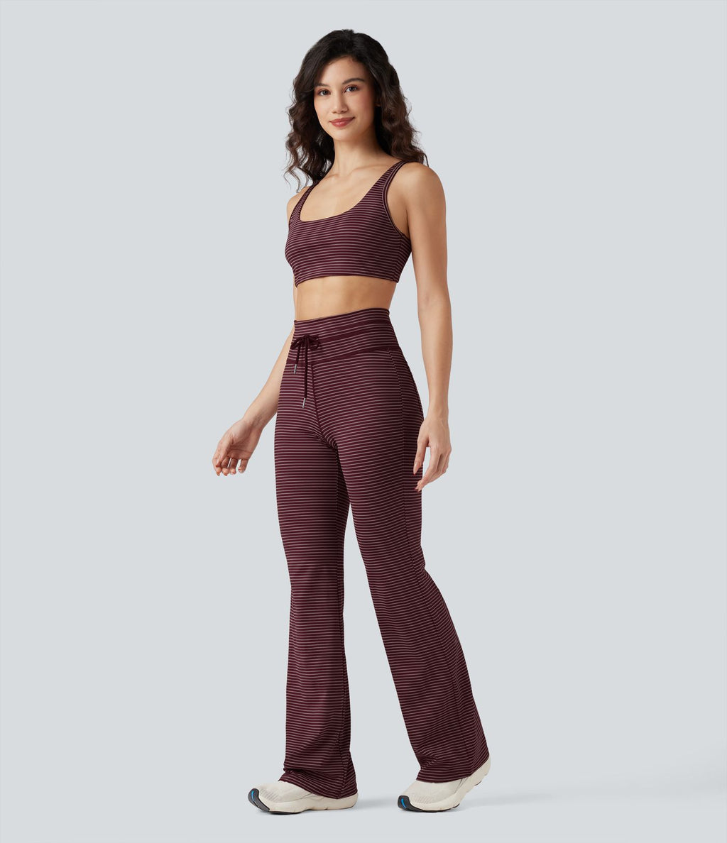 Pantalon de yoga évasé à rayures, taille haute, cordon et poches