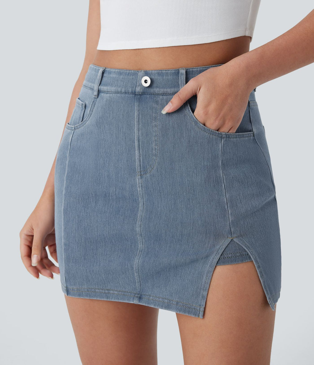 Halara Flex™ Mini-Jupe en Jean décontractée 2-en-1 moulante à taille haute avec poches multiples, fente, effet délavé et tissu extensible