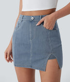 Halara Flex™ Mini-Jupe en Jean décontractée 2-en-1 moulante à taille haute avec poches multiples, fente, effet délavé et tissu extensible