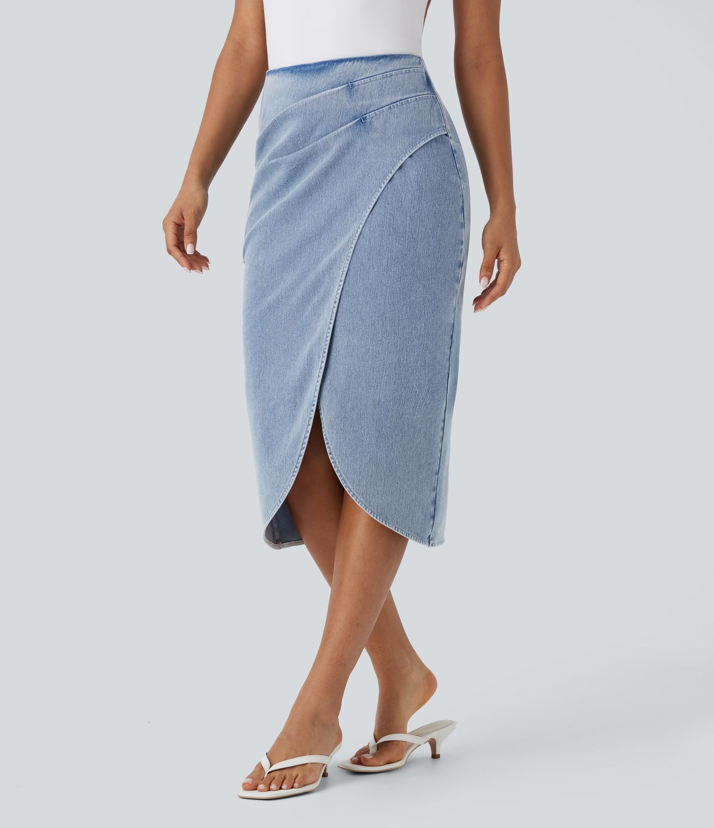 Halara Flex™ Jupe en Jean midi délavé taille haute avec zip dos, effet drapé et ourlet tulipe