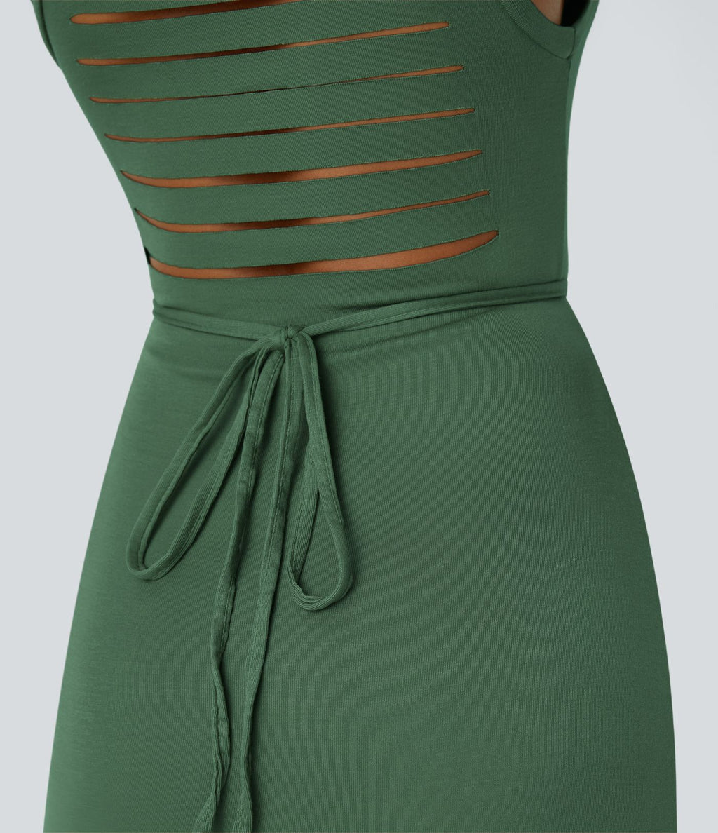 Robe Casual Midi 2 Pièces Capuche Col Montant Sans Manches Fendue avec Découpe Dos Nœud Côtelée