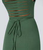 Robe Casual Midi 2 Pièces Capuche Col Montant Sans Manches Fendue avec Découpe Dos Nœud Côtelée