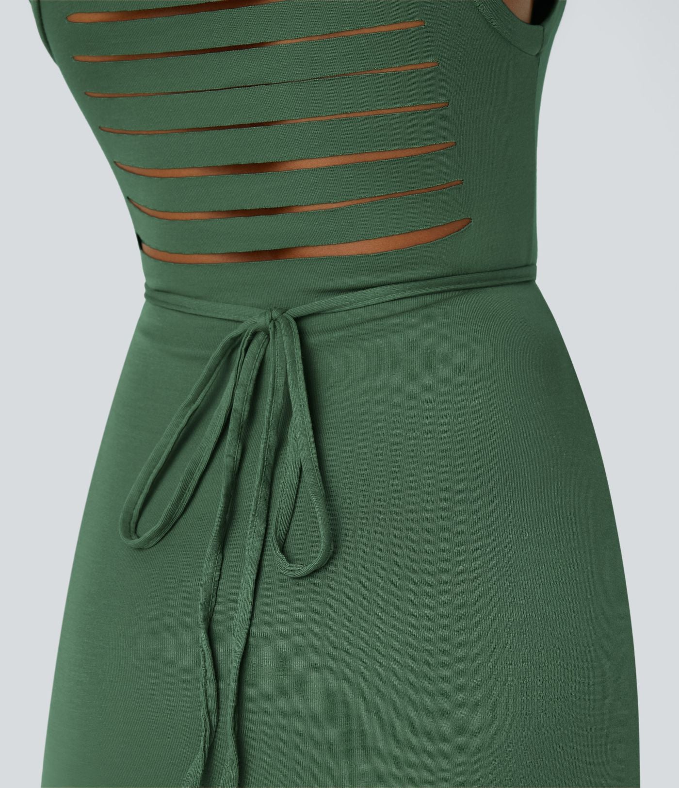 Robe Casual Midi 2 Pièces Capuche Col Montant Sans Manches Fendue avec Découpe Dos Nœud Côtelée