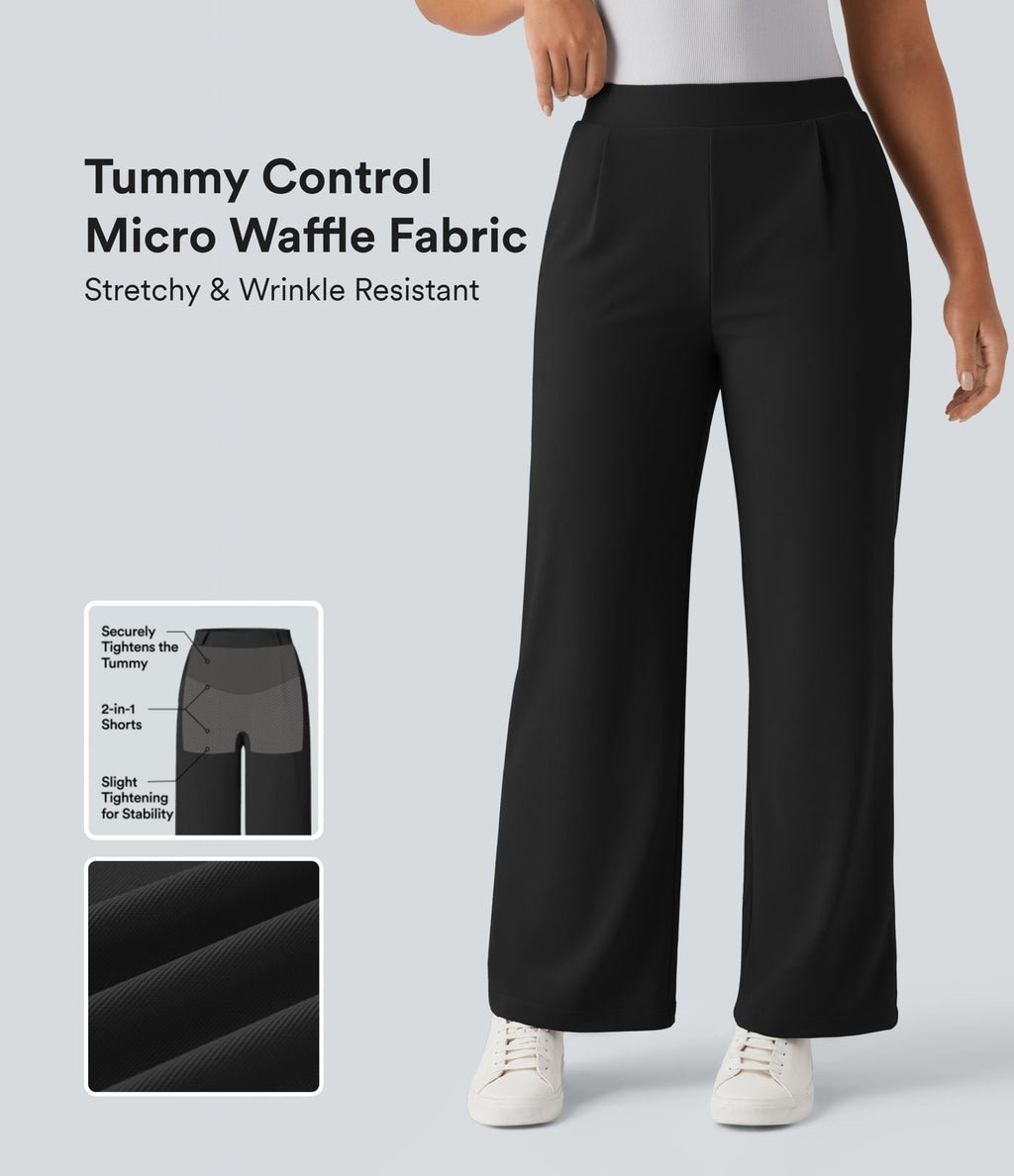 Pantalon tailleur large gainant sculptant taille haute en micro-gaufré avec poches Halara Flex™