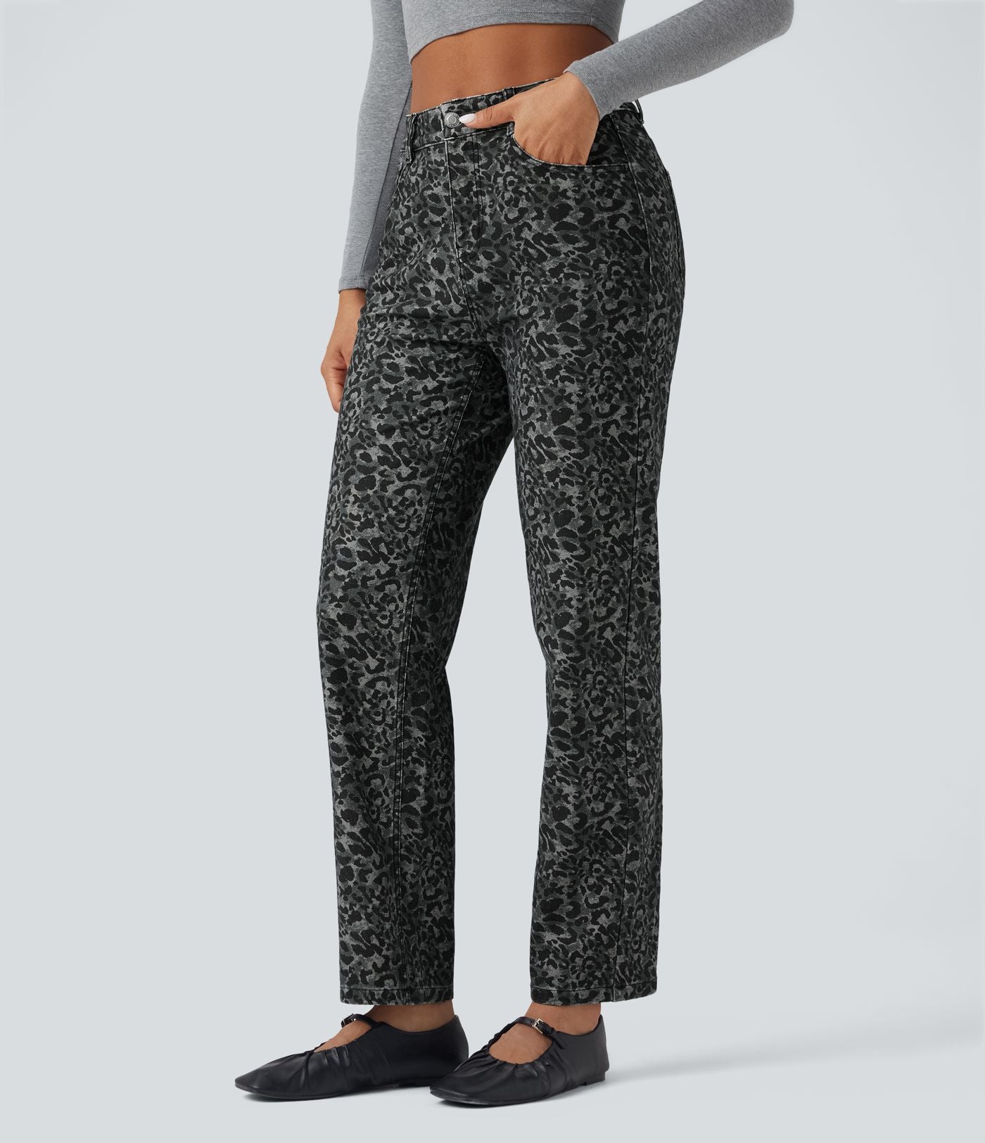 Jean Halara Flex™ coupe droite imprimé léopard taille haute avec poches