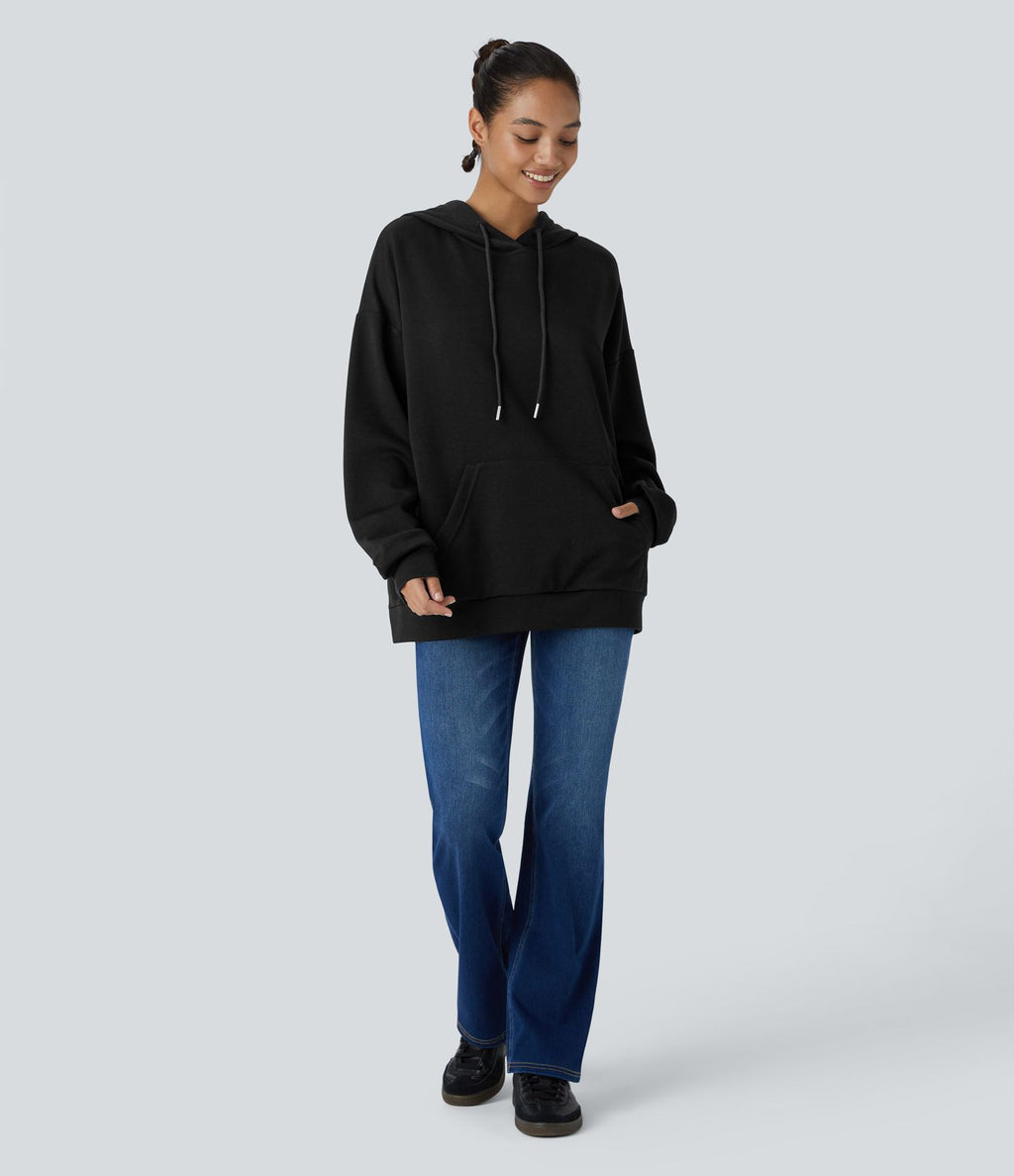 Sweat-shirt décontracté à capuche avec cordon de serrage, manches longues, poche kangourou, coupe croisée et fente