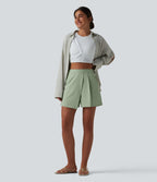 Jupe-short plissée taille haute casual infroissable aspect lin avec poches