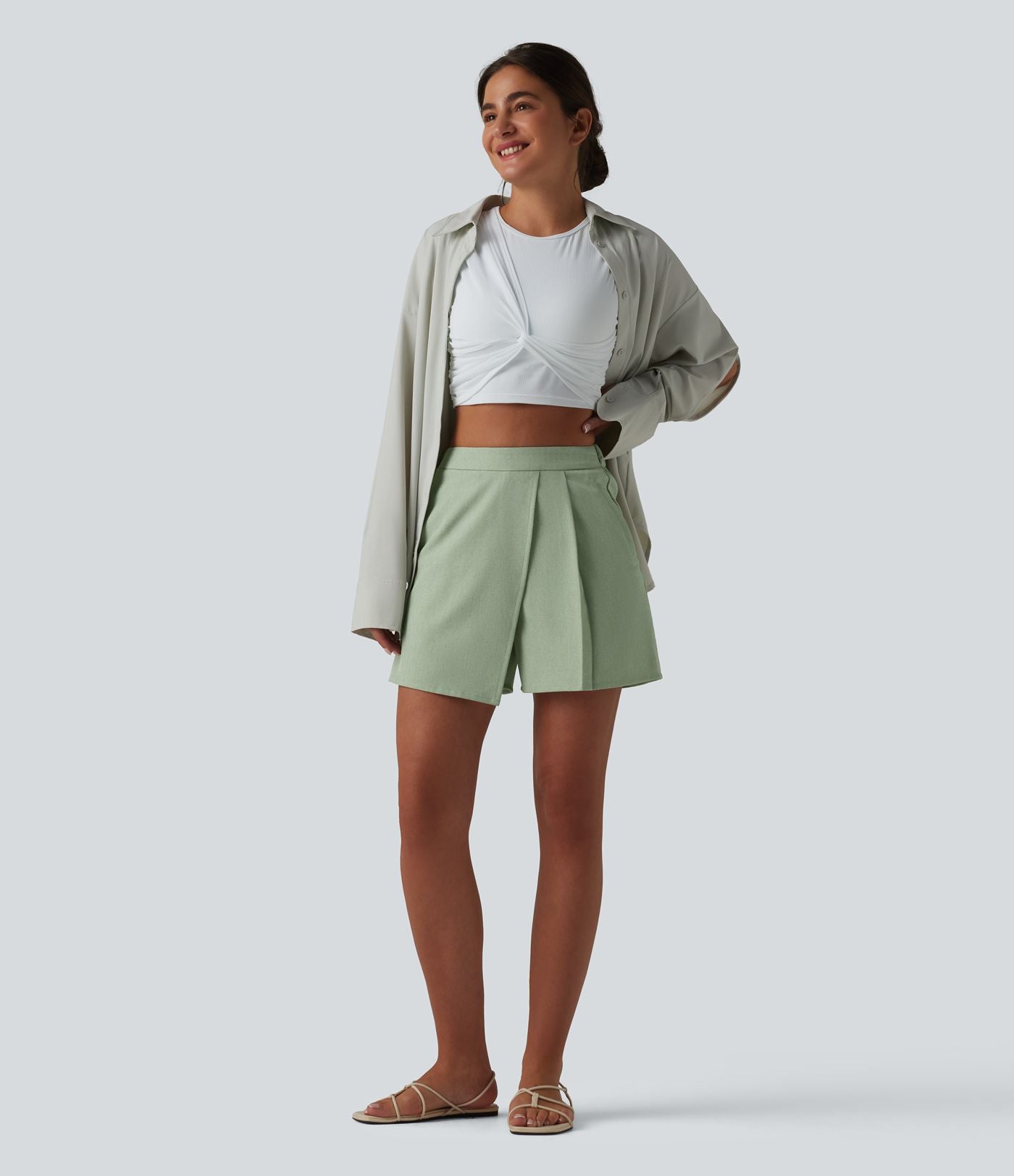 Jupe-short plissée taille haute casual infroissable aspect lin avec poches