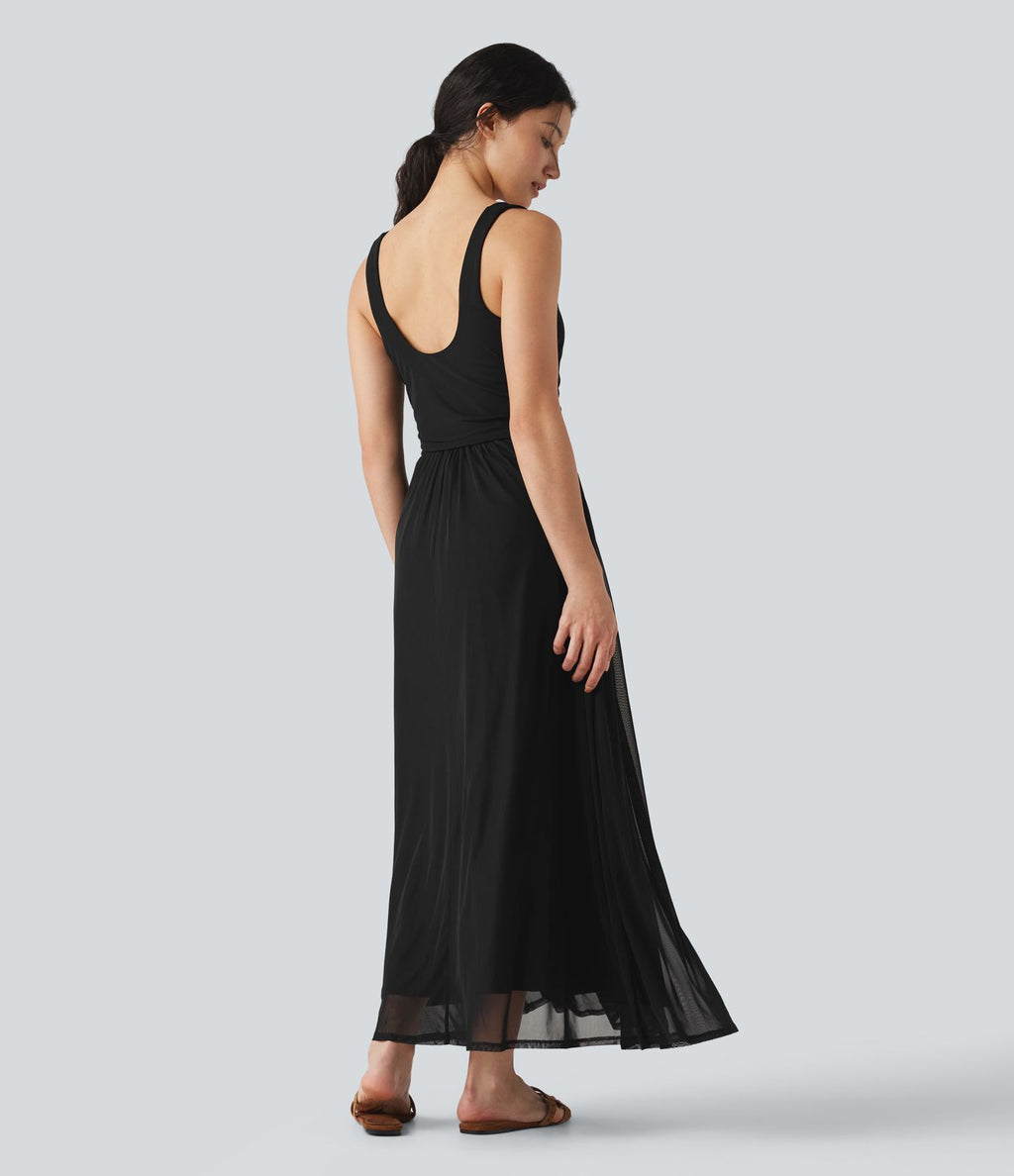 Robe maxi fluide sans manches à encolure U, superposition en mesh, poches et coussinets amovibles