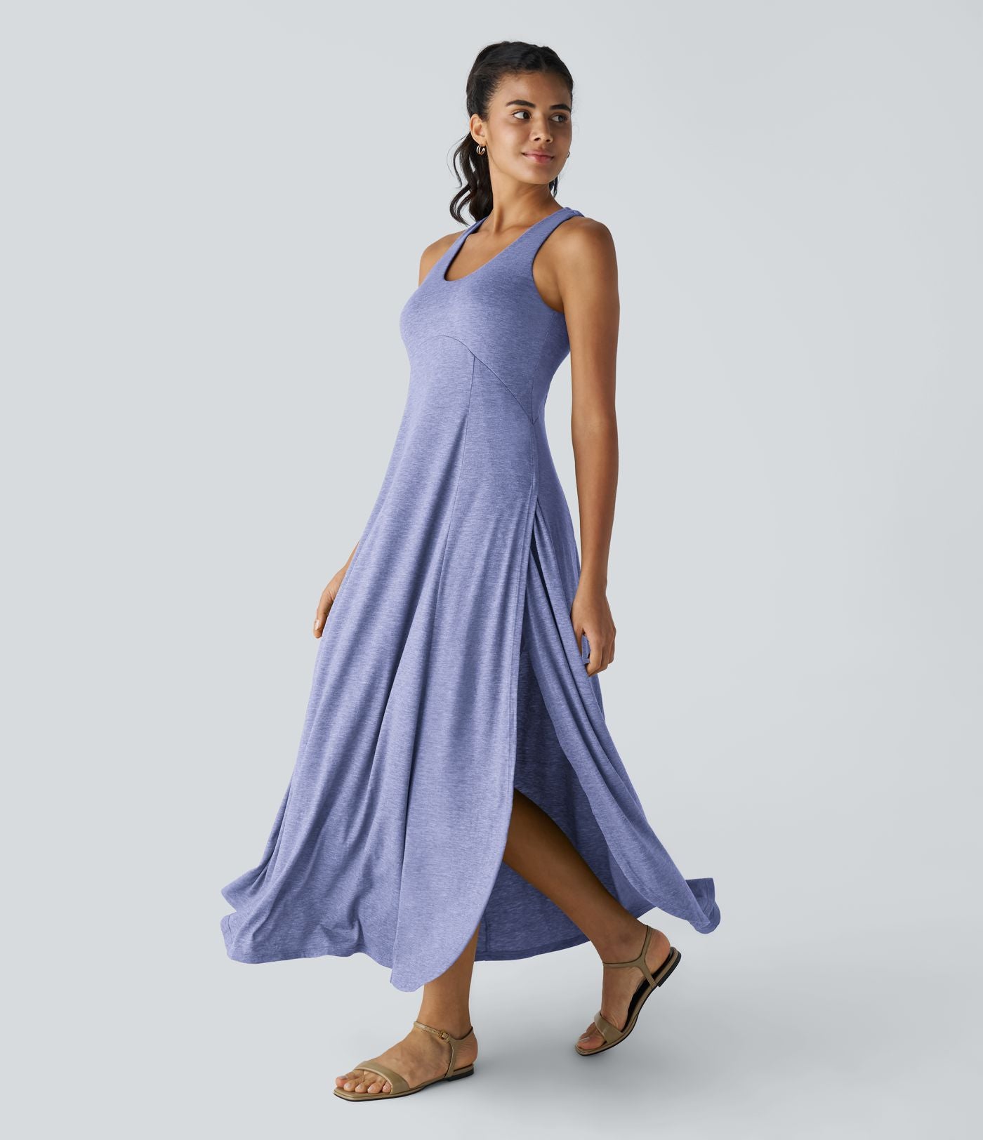 Robe Casual Débardeur Longue Fluide Fendue Dos Nu à Col en U