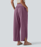 Pantalon décontracté taille haute gainant avec ourlet arrondi et poches