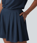 Combishort casual asymétrique manches courtes plissé en nid d'abeille avec poches - Édition Easy Peasy