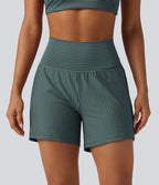 Short de yoga 2-en-1 à rayures, taille très haute, 12,5 cm, à poches