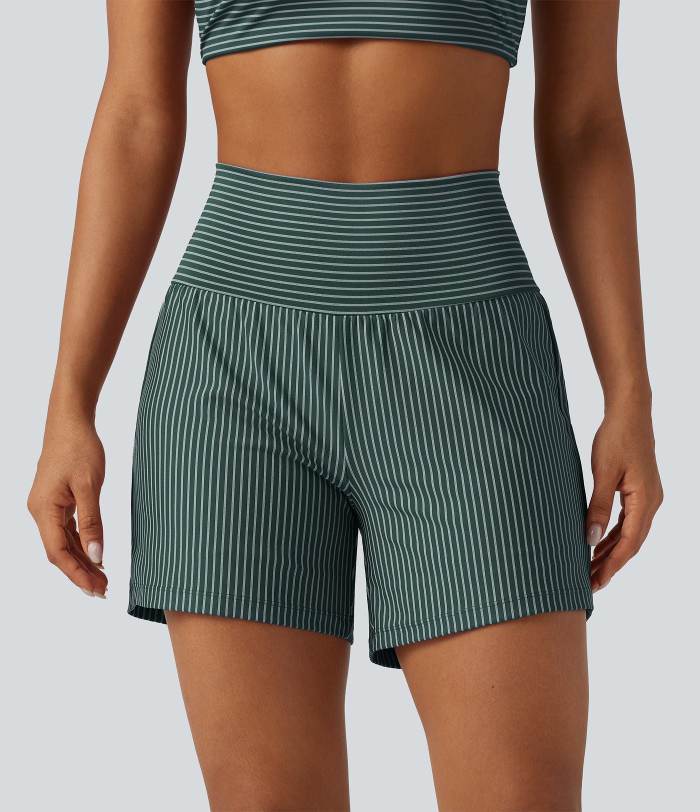 Short de yoga 2-en-1 à rayures, taille très haute, 12,5 cm, à poches
