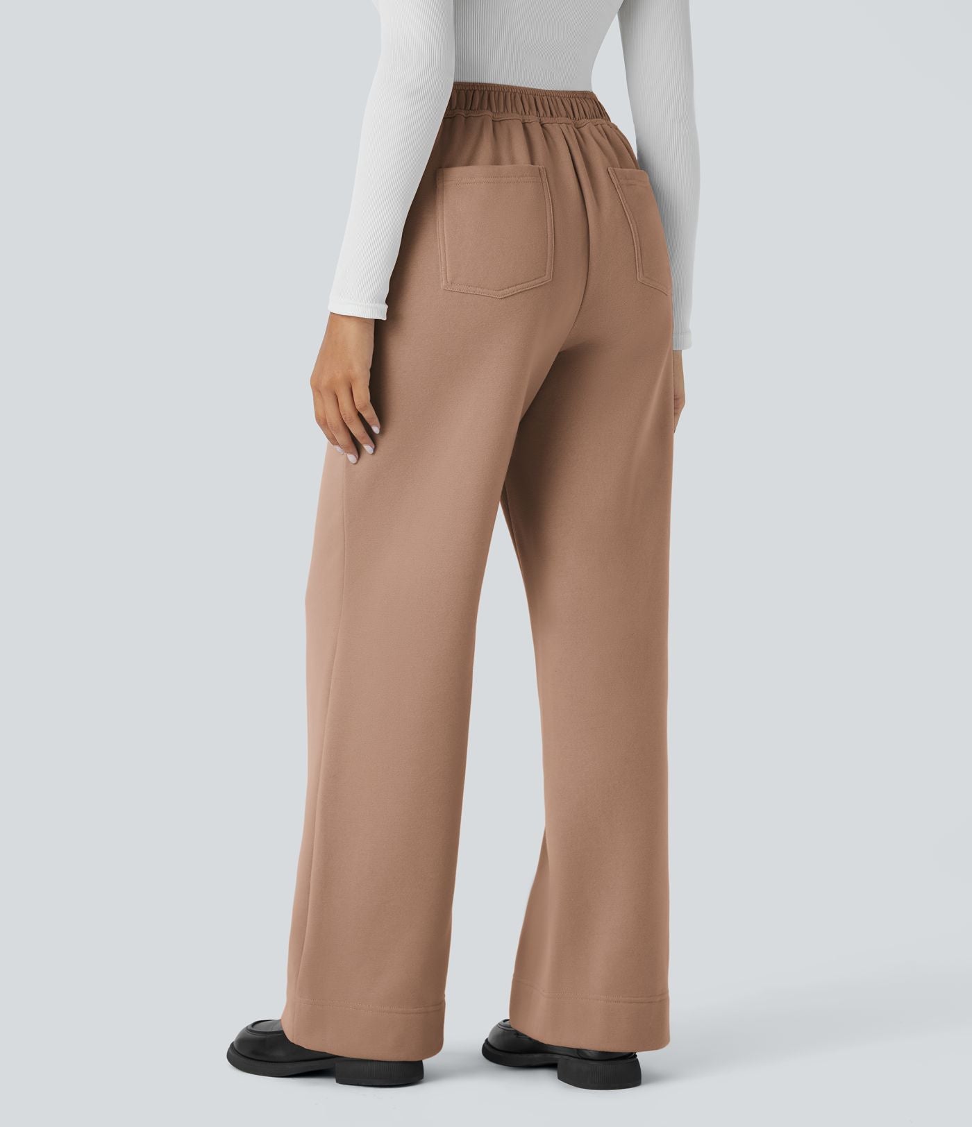 Pantalon Jogging en Fleece Thermique Jambe Droite Boutons Taille Haute Plusieurs Poches