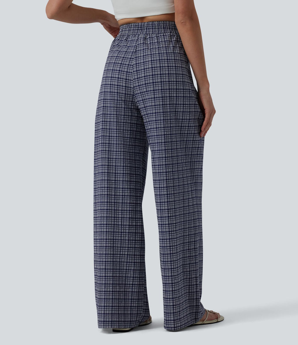 Pantalon large casual taille haute carreaux froissés à séchage rapide avec cordon de serrage et poches zippées