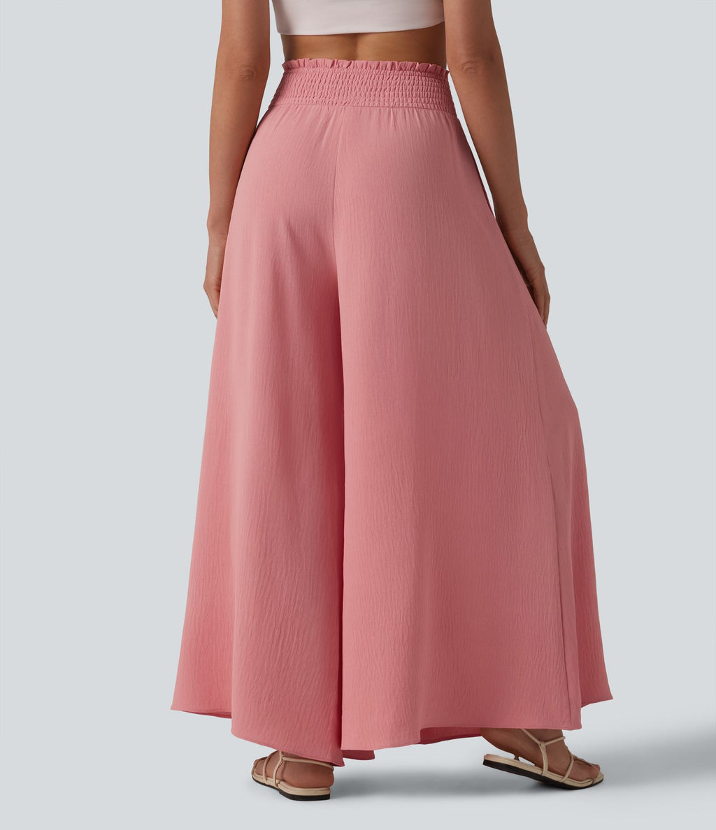Pantalon fluide décontracté taille haute froncé aspect lin avec poches