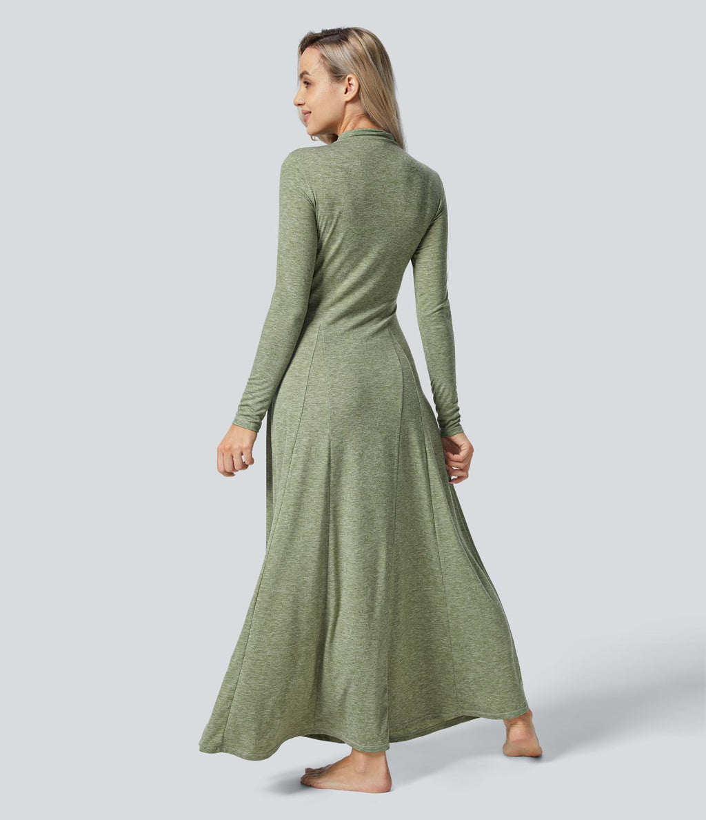 Robe Casual Maxi à Col Montant Manches Longues Évasées