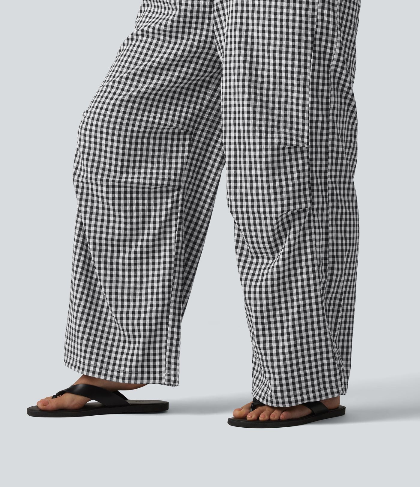 Pantalon ample décontracté à carreaux vichy, taille mi-haute, cordon de serrage et poches
